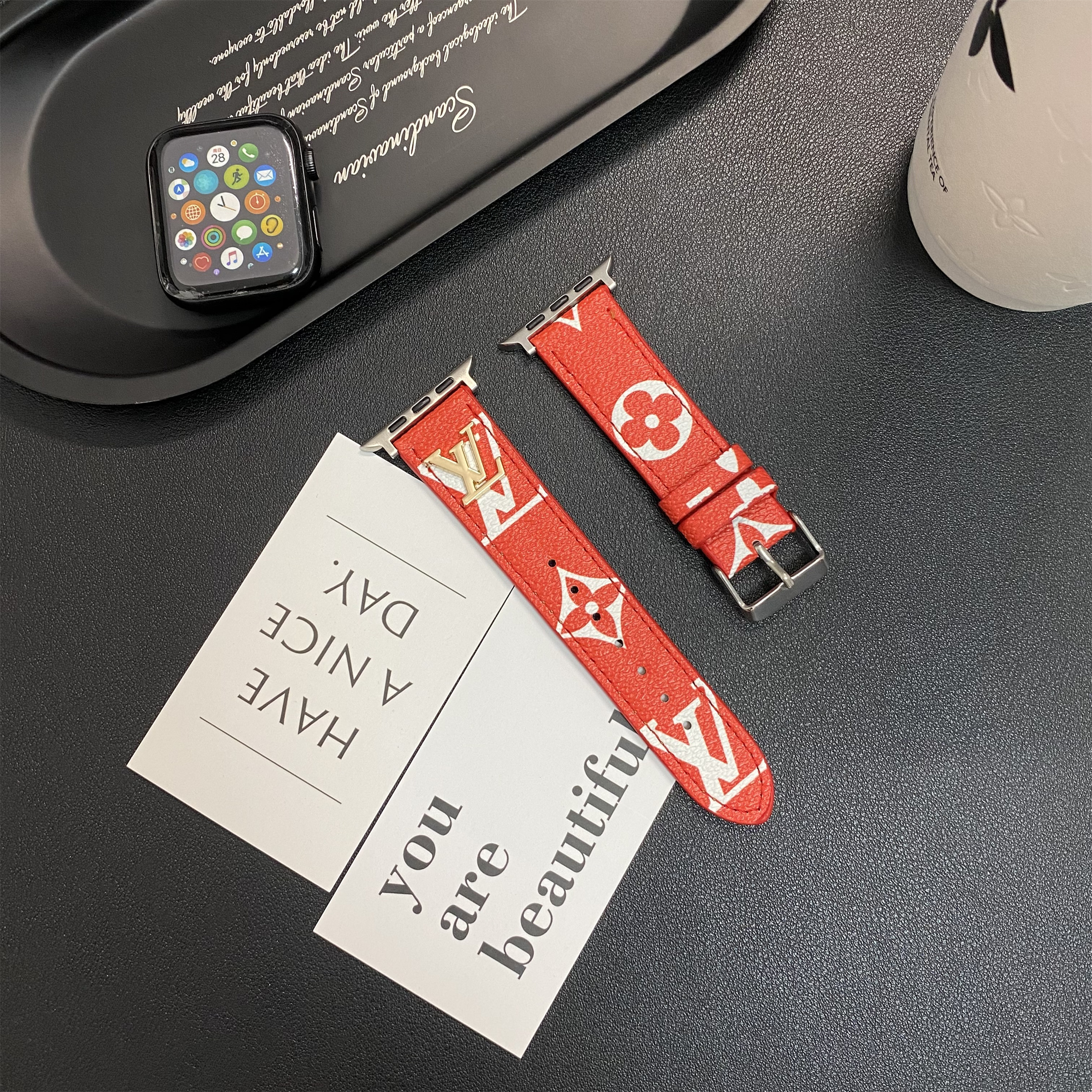 Legendary Metal LV Monogram Label Canvas Leather Apple Watch Strap