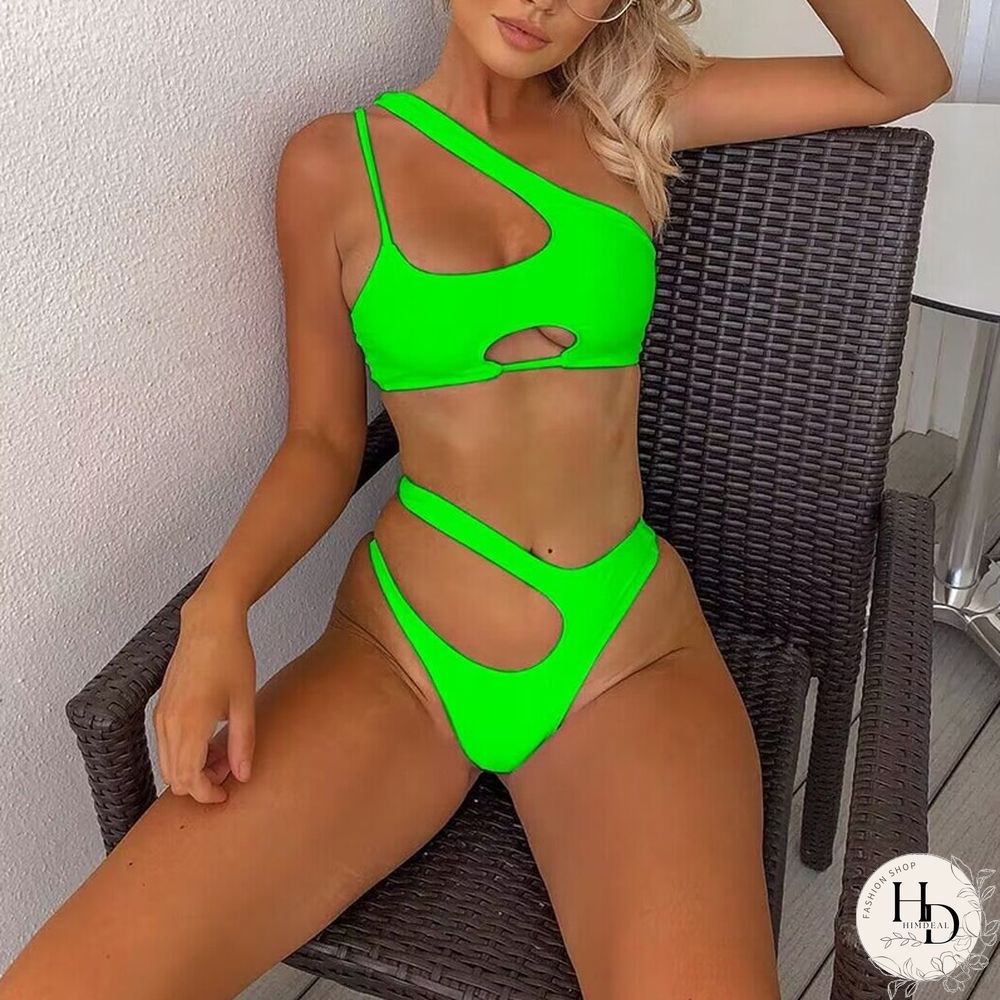 Two Piece High Waist Irregular Bikinis Sexy Solid Color One Shoulder Swimwear Fashion Hollow Out Push Up Beachwear Bathing Suits