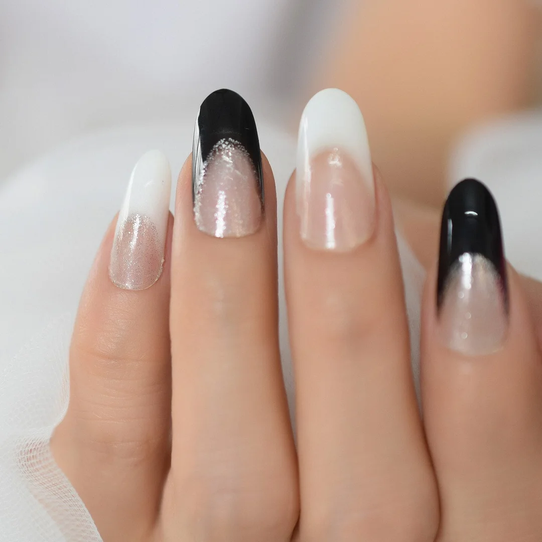 Glitter Nails Almond Shape Medium-Short Black&White Mix&Match Charms Simple Design Reuseable Detachable Nails Art Supplies EchiQ-Nail Inspo