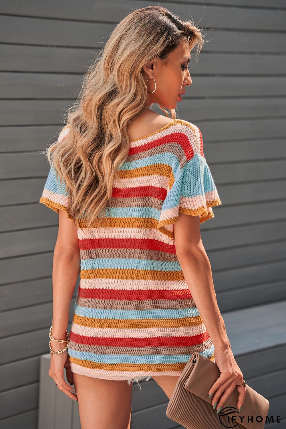 Multi-color Striped Ruffle Short Sleeve Knit Top | IFYHOME