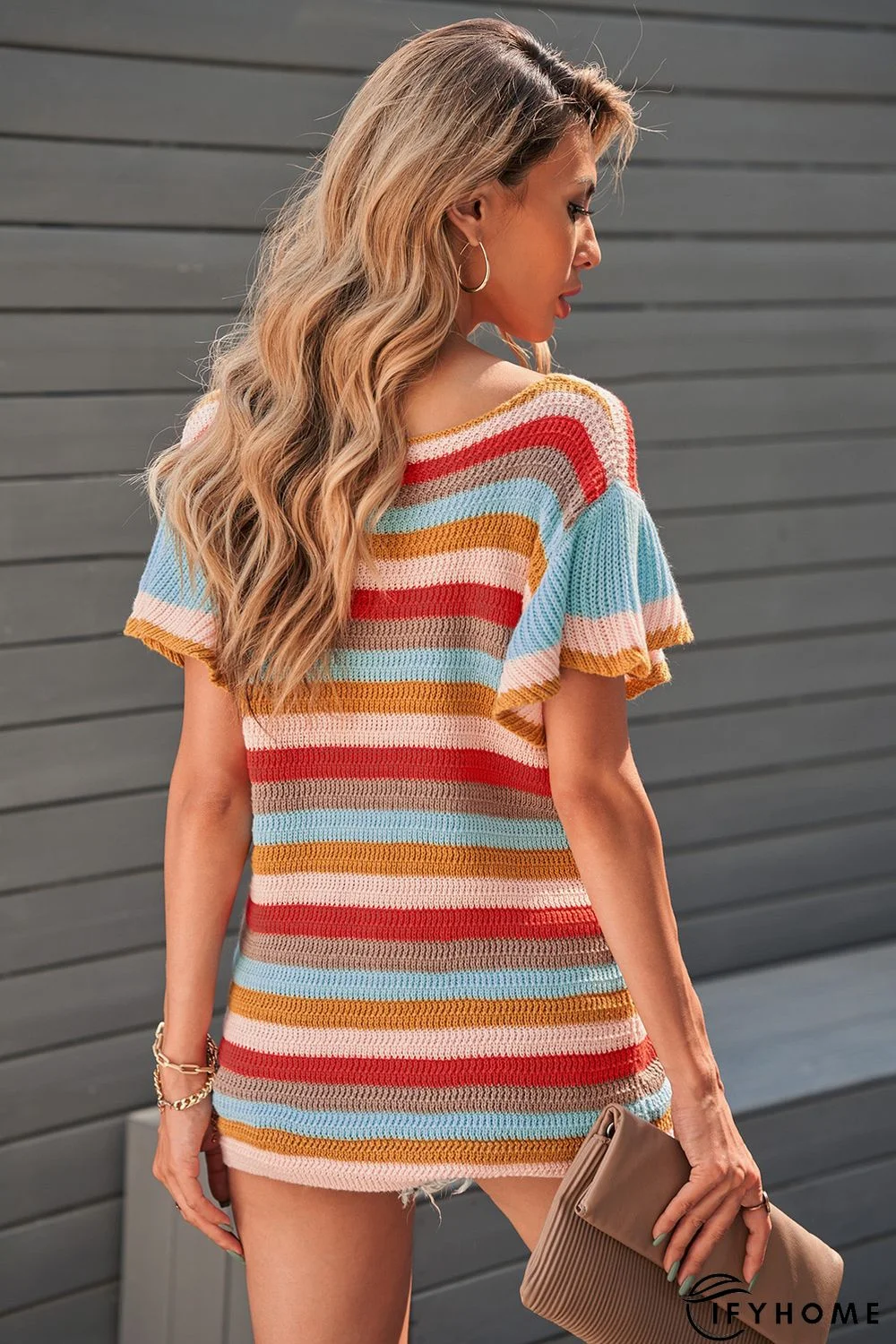 Multi-color Striped Ruffle Short Sleeve Knit Top | IFYHOME