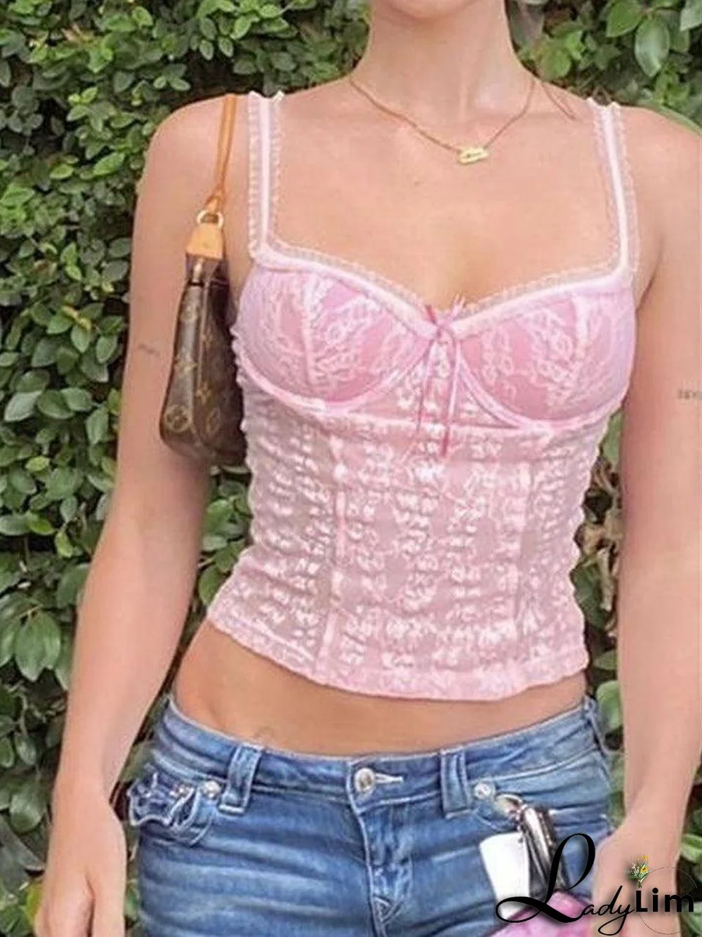 Pink Lace Crop Vest Tank Top