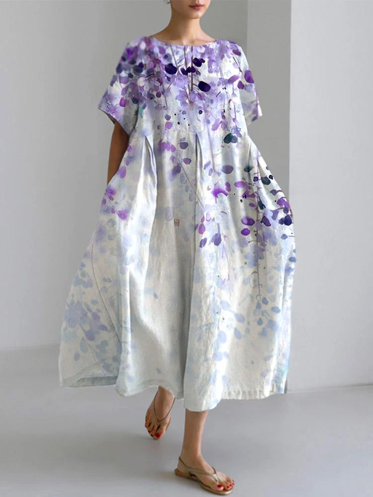 Japanese Art Plants And Flowers Print Cotton Blend Dress