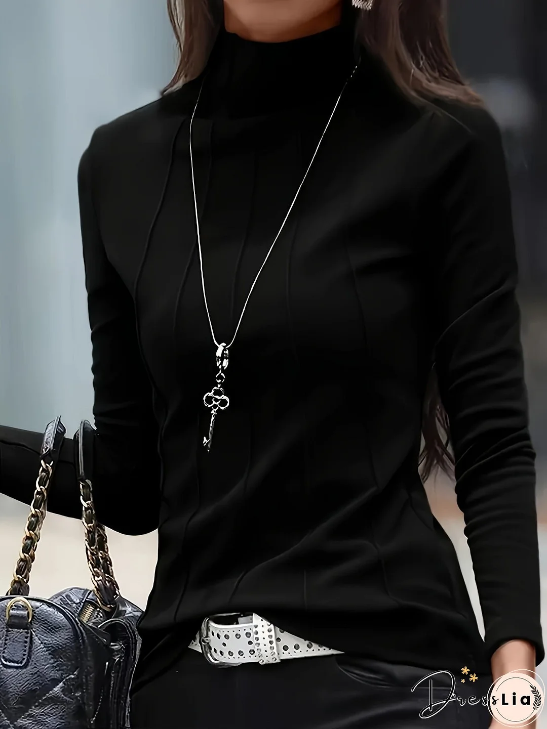 Plus Size Solid Turtleneck Slim T-Shirt, Versatile Long Sleeve T-Shirt For Spring & Fall, Women's Plus Size Clothing