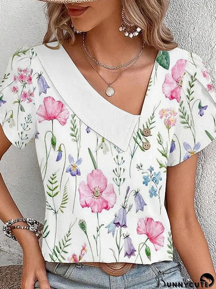 Women's L Neck Short Sleeves Floral Printed Casual Tops