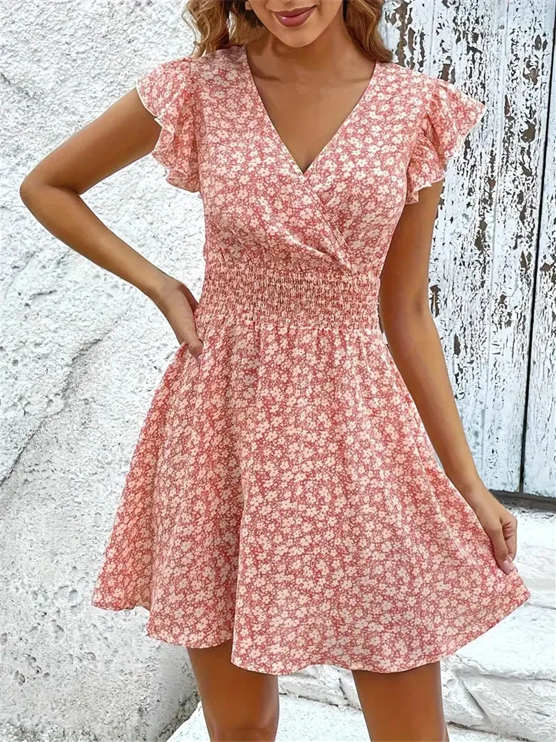 Women's Short Sleeve V-neck Floral Printed Mini Dress