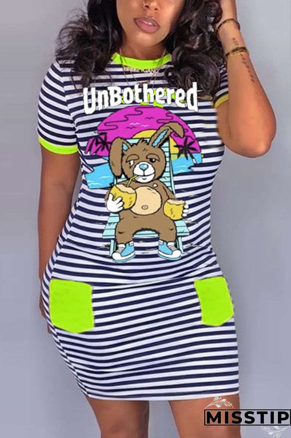 Fluorescent green Fashion Casual Printed Short Sleeve Dress