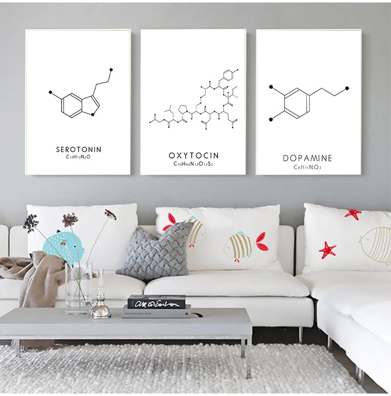 Molecule Serotonin Wall Art Canvas Poster Print Oxytocin & Dopamine Painting Molecular Structure Picture Chemistry Science Decor