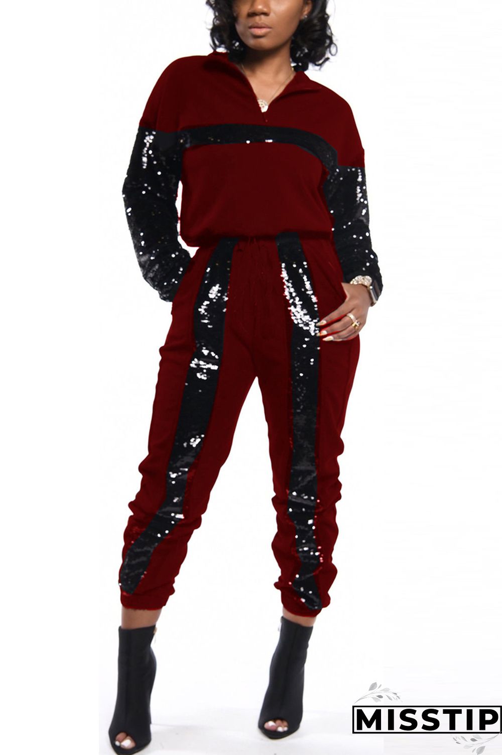 Wine Red Casual Fashion Color Matching Two-Piece Suit