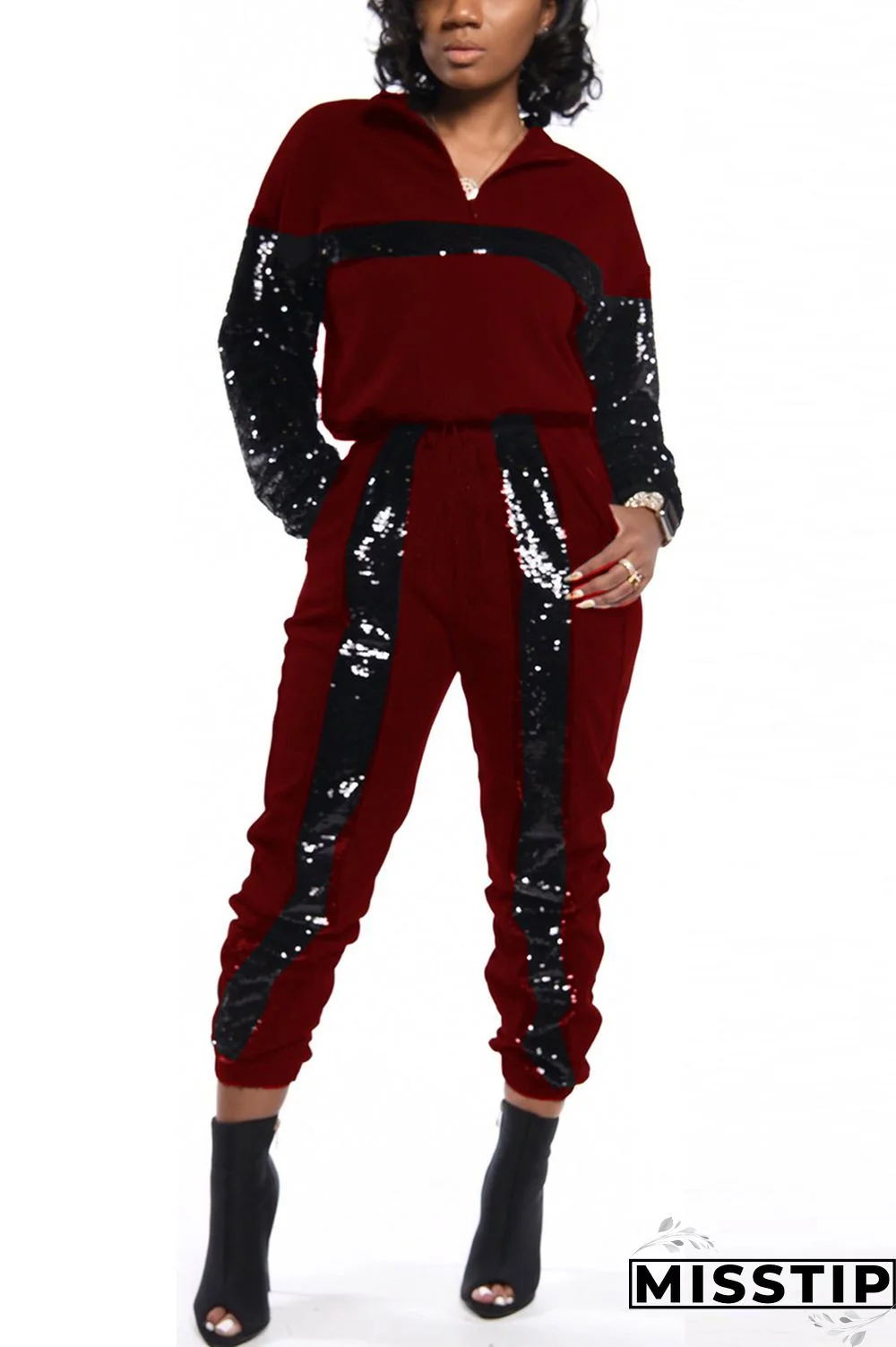 Wine Red Casual Fashion Color Matching Two-Piece Suit