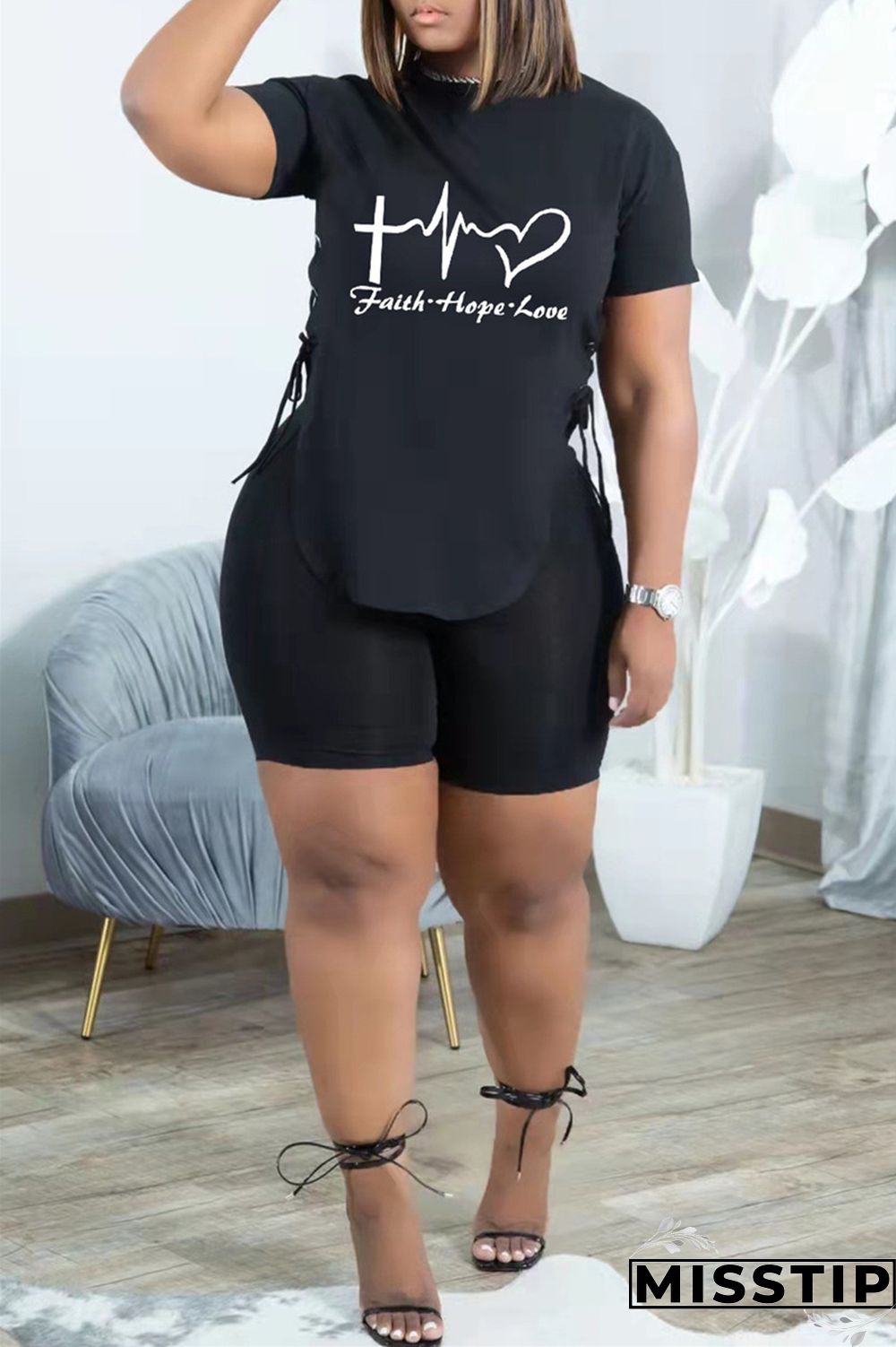 Black Fashion Casual Print Bandage Slit O Neck Short Sleeve Two Pieces