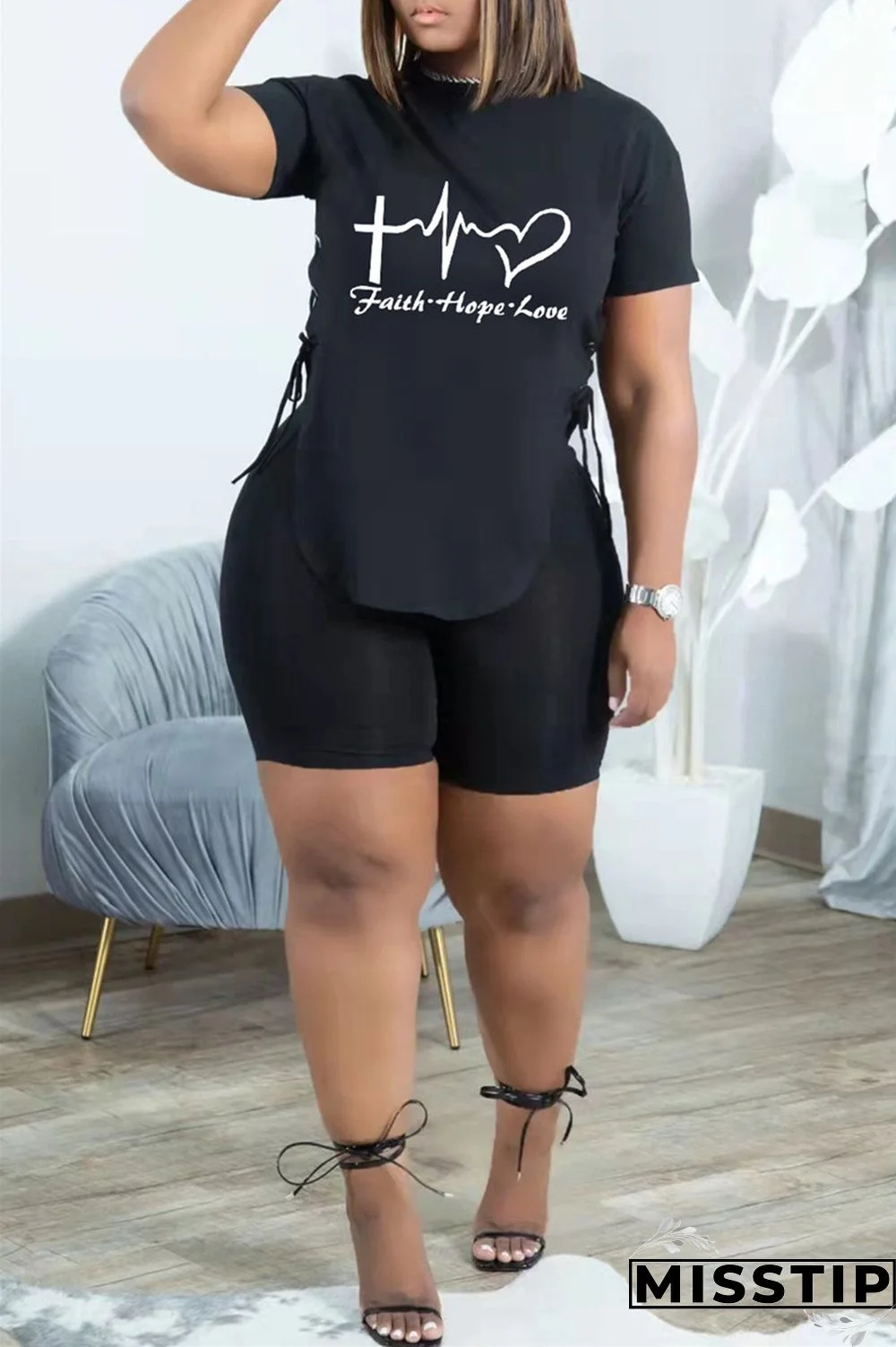 Black Fashion Casual Print Bandage Slit O Neck Short Sleeve Two Pieces