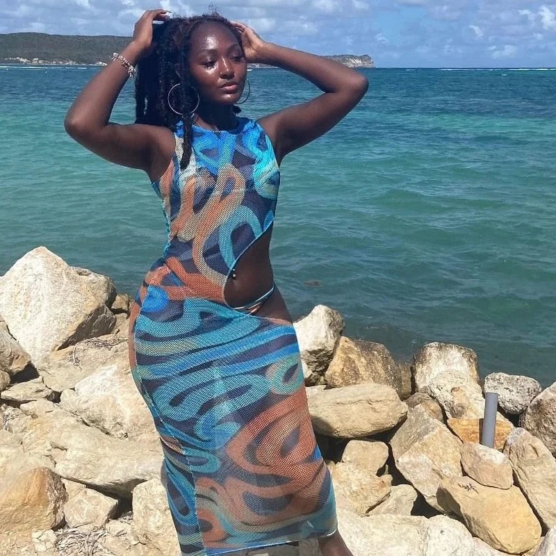 BIIKPIIK Hollow Out Beach Long Dress One Piece See Through Women Summer Dresses Vacation Outifits Print Casual Sexy Clothing