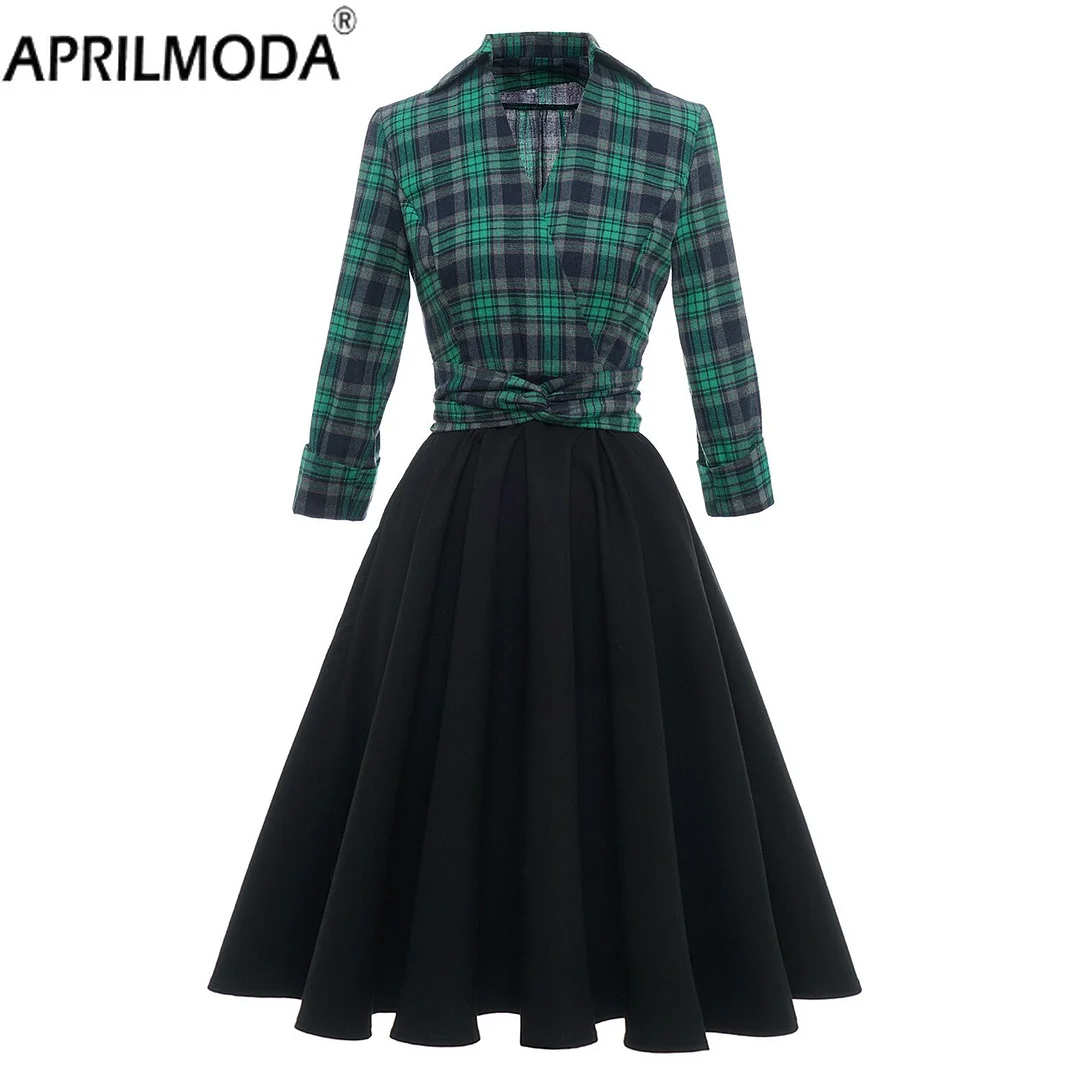 Colourp Style Green Plaid Women Party Dress Hepburn Black Patchwork 3/4 Long Sleeve Autumn Winter 50s Swing Midi Vintage Dresses