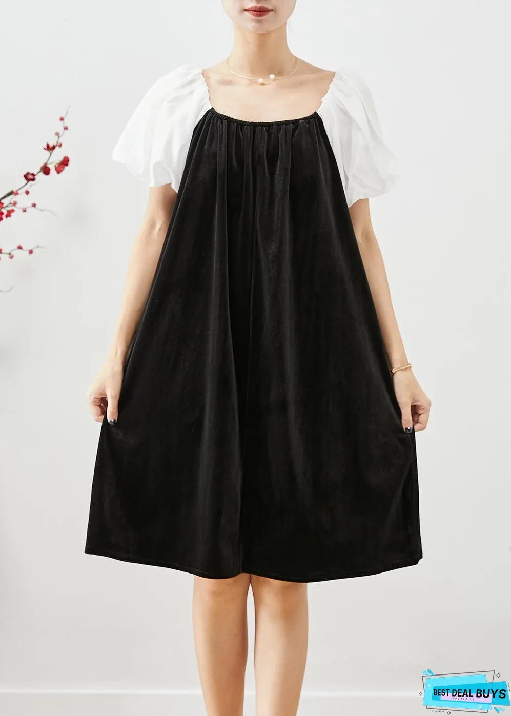 White Patchwork Silk Velour Dresses Oversized Square Collar Puff Sleeve