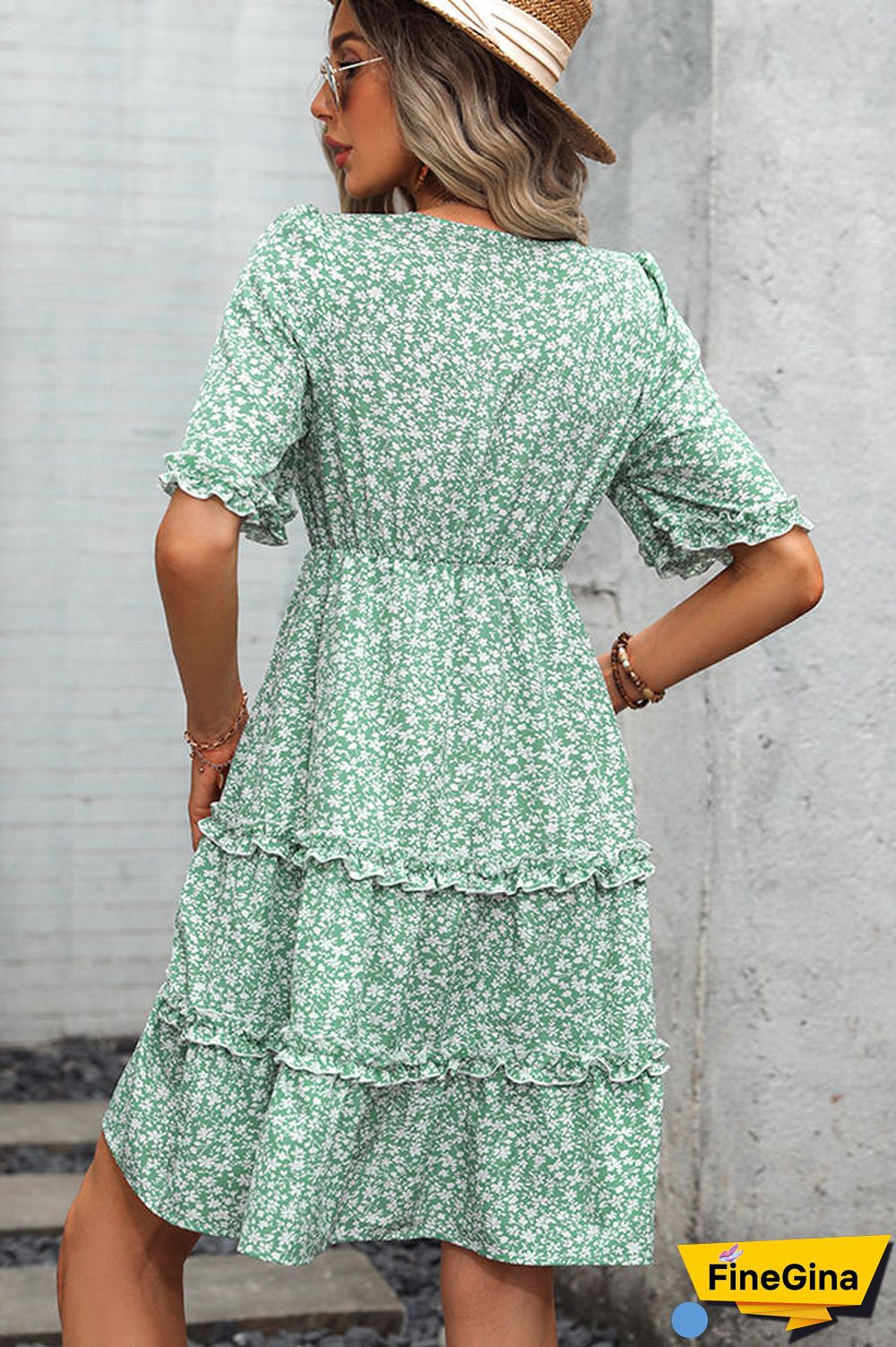Floral Print Frill V Neck Casual Dress