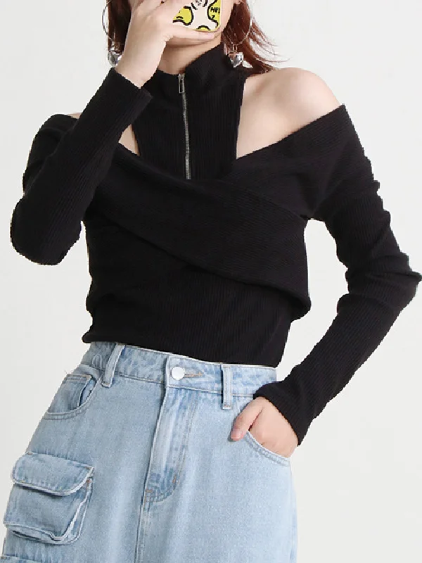Zipper Split-Joint Hollow Skinny Long Sleeves High-Neck Sweater Tops Pullovers