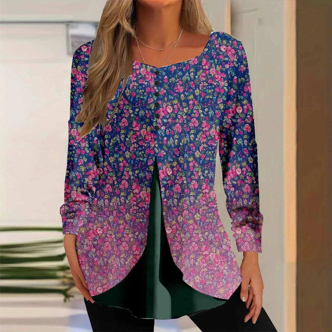 Women Floral,Gradient,Blue DZGG8272 Long Sleeve Scoop Neck Printed Graphic Button Fake 2in1 Tops