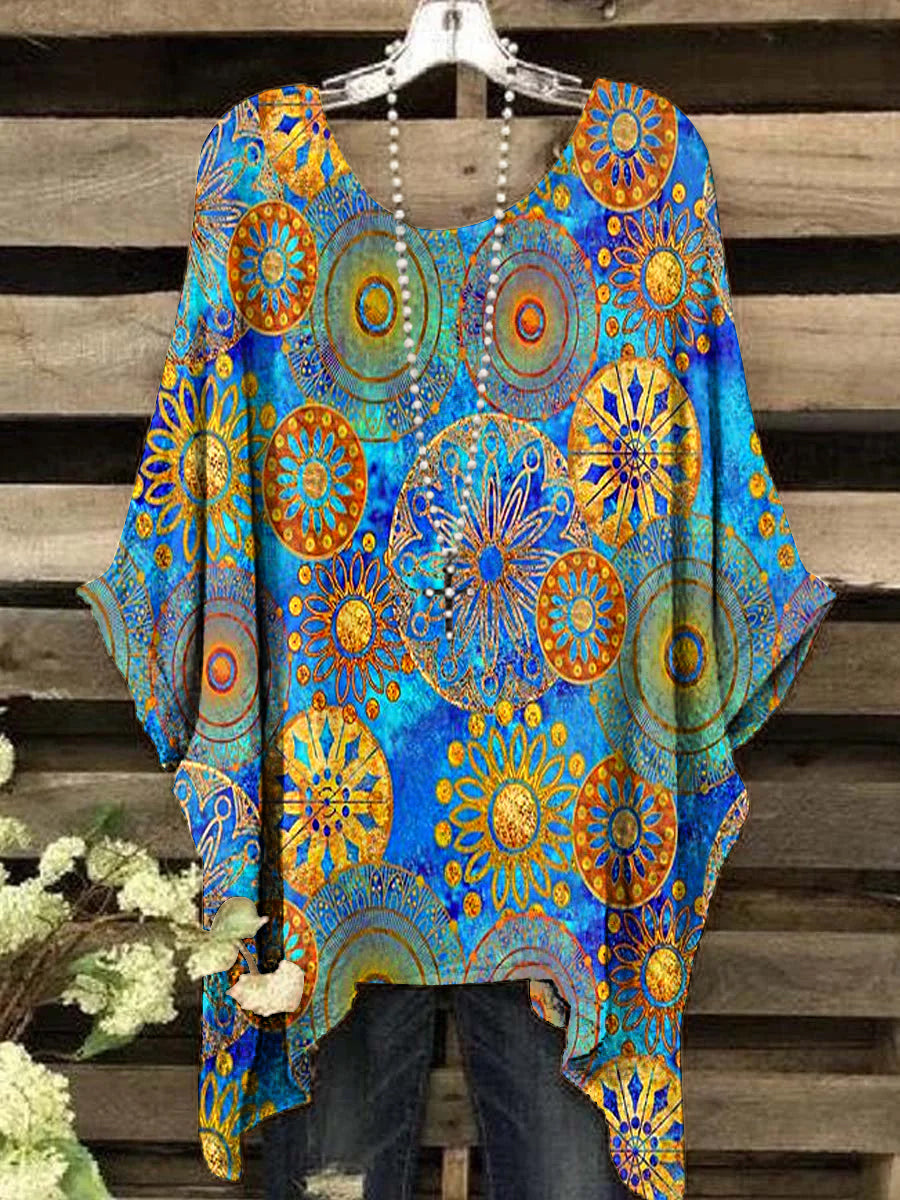 Women's Vintage Colorful Geometric Pattern Round Neck Top