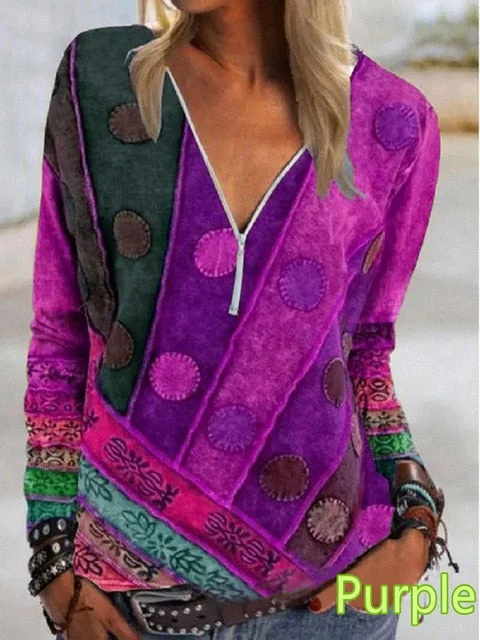 New Fashion Vintage Printed V-neck Long Sleeve T-shirt