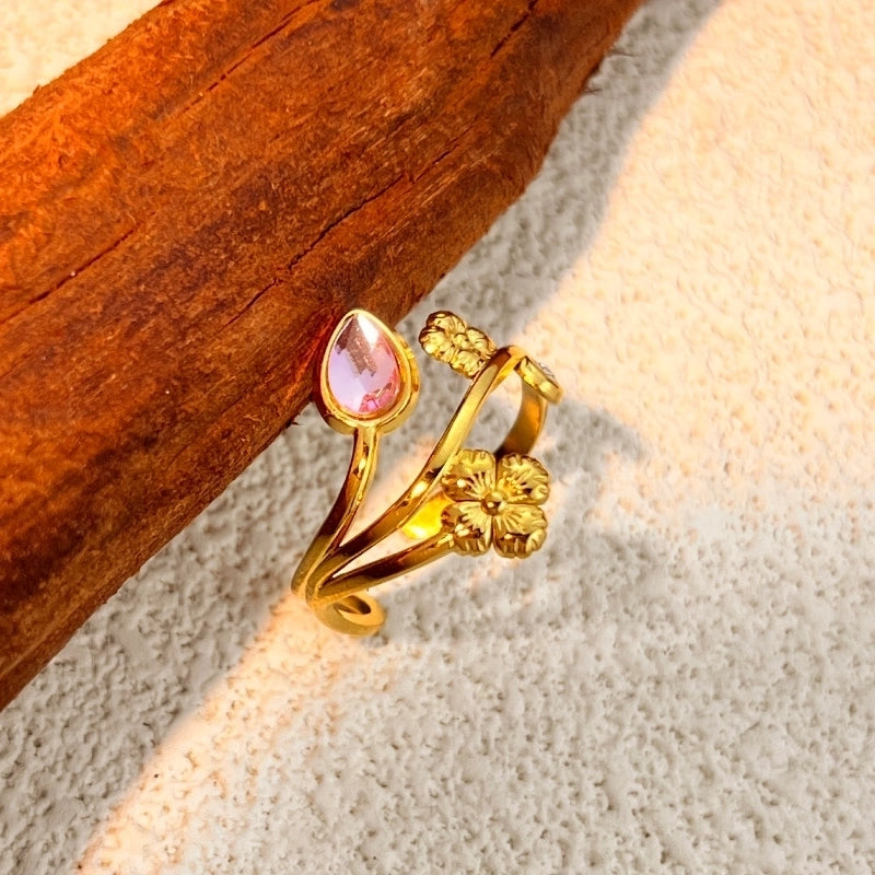 Casual Retro Classic Style Flower 304 Stainless Steel Zircon 18K Gold Plated Plating Open Rings