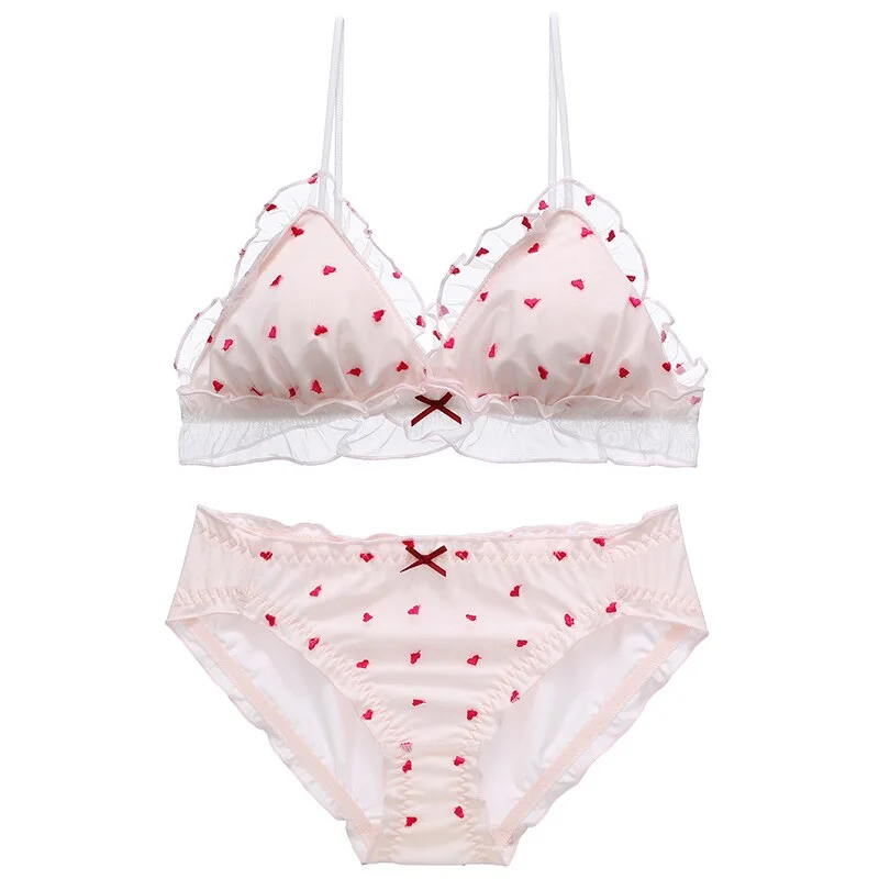 Billionm Women Underwear Set Sexy Chiffon Lace Bra Set Strawberry Printing Heart Star Noble Girl Bralette Lingerie and Panties