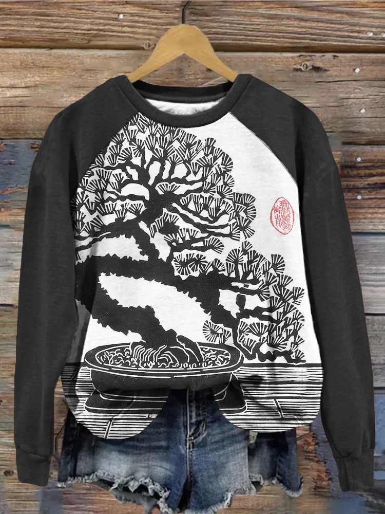 Bonsai Tree Japanese Lino Art Contrast Sleeve Comfy Sweatshirt