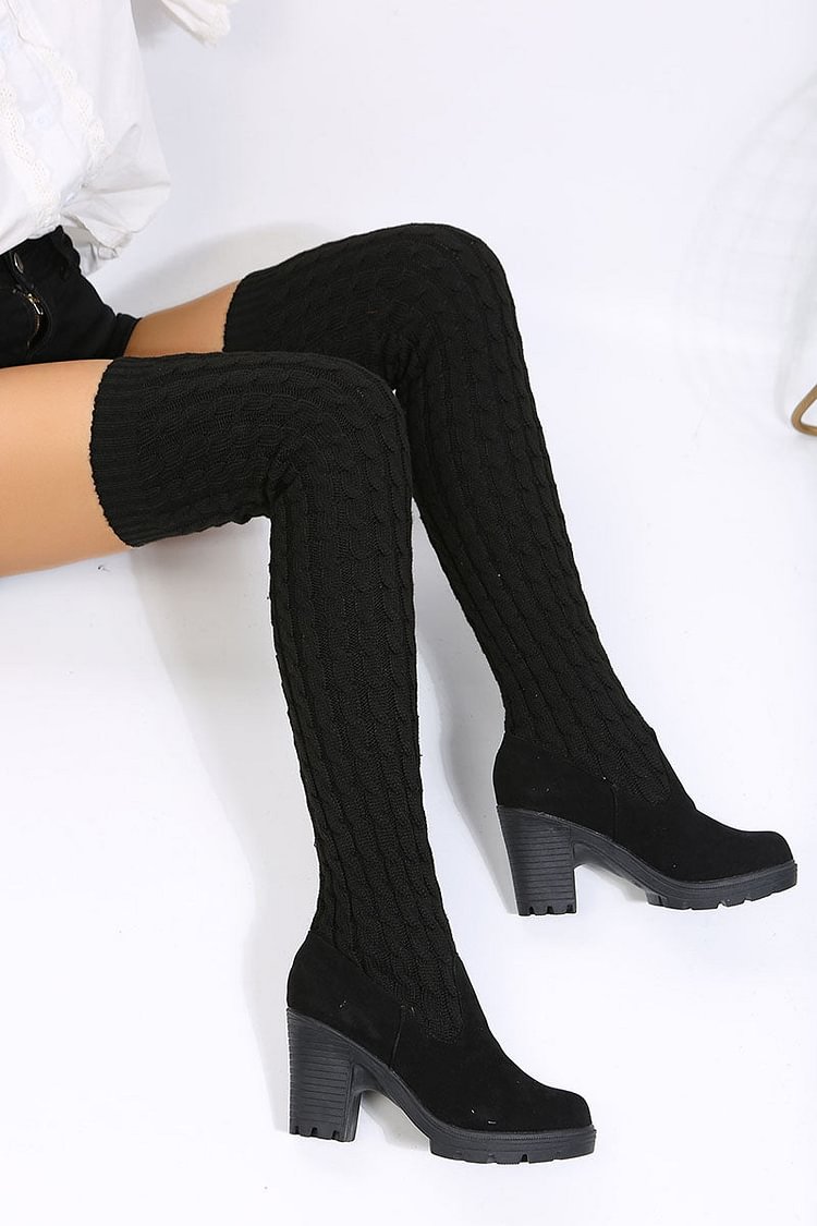 Faux Suede Knit Patchwork Block Heel Thigh High Boot