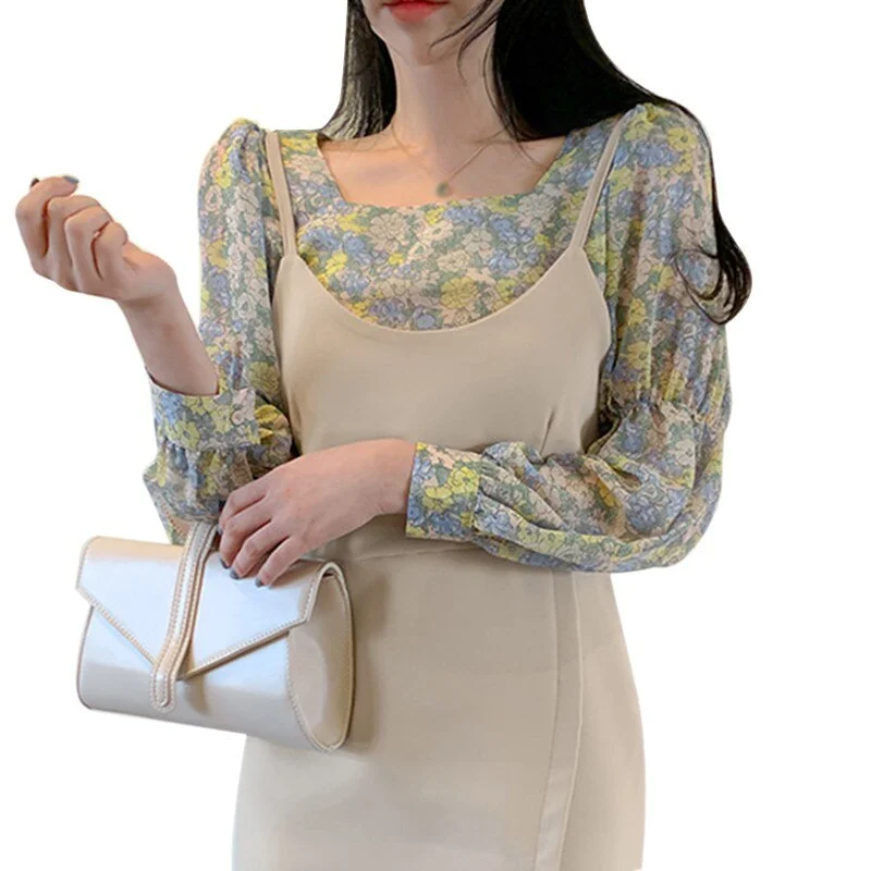 Retro Women Blouses Liva Girl Korean Blouse Top Floral Square Collar Camisa Lantern Sleeves Sweet Versatile Chiffon Shirt