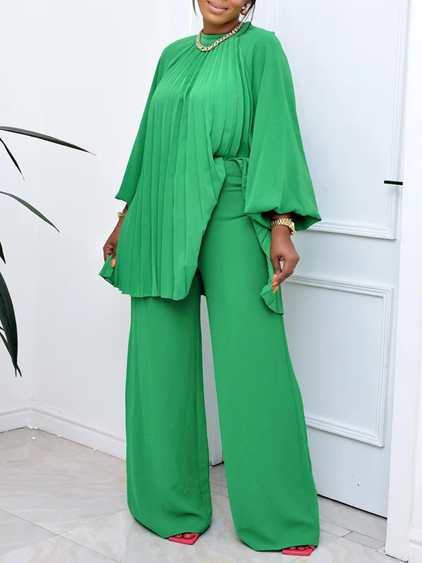 Round-Neck Batwing Sleeves Long Sleeves Pleated Solid Color Shirts Top&Pants Bottom Two Pieces Set