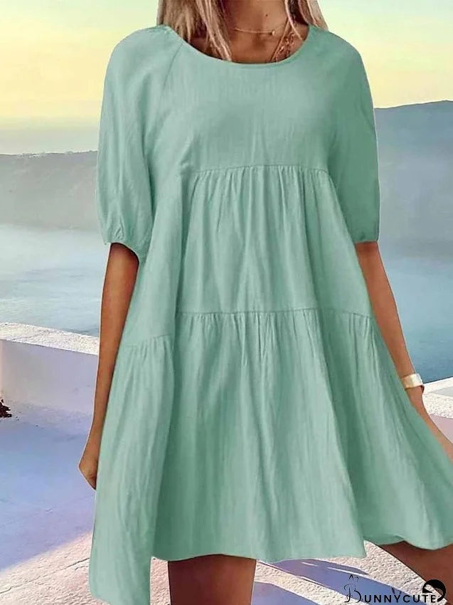 Cotton Linen Dress Casual Dress Mini Dress Cotton And Linen Basic Casual Outdoor Daily Crew Neck Ruched Half Sleeve Summer Spring Loose Fit White Pink Wine Pure Color S M L XL 2XL for Women