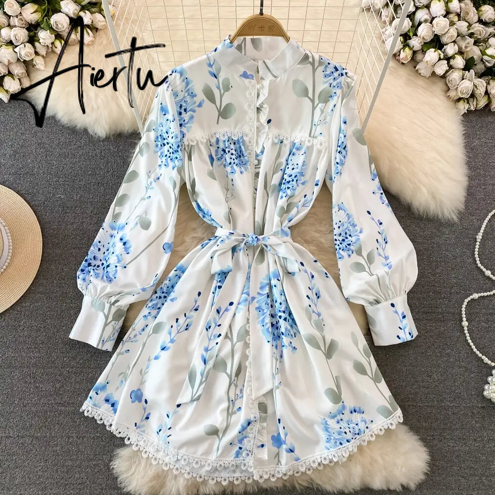 Women's Elegant Blue Floral Lantern Sleeve Knee Length A Line Dress Spring Summer Lady Sweet O Neck Single Breasted Dress Aiertu