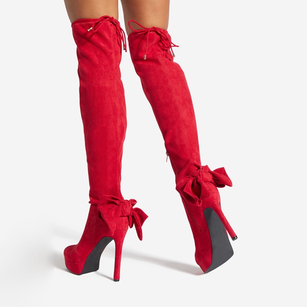 Suede Knee Boots Red Platform Bow Decor Stiletto Knee Boots Nicepairs