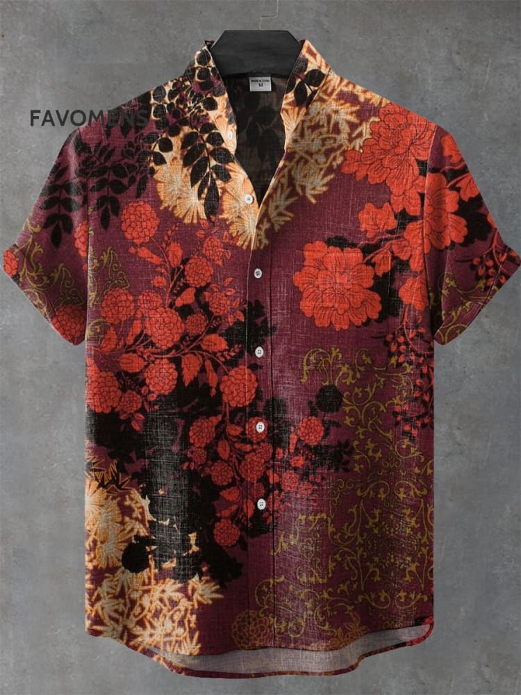 Vintage Japanese Flower Art Print Casual 100% Cotton Shirt Multicolor / S