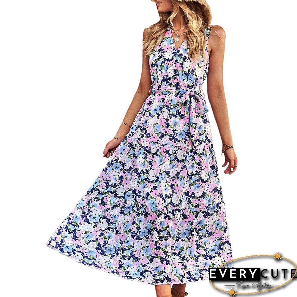 Pink V Neck Sleeveless Ruffle Floral Dresses