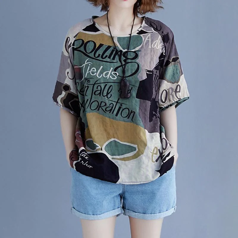 Summer Blouse ZANZEA Women Vintage Printed Tops Casual O Neck Short Sleeve Shirt Female Loose Tunic Blusas  Chemise