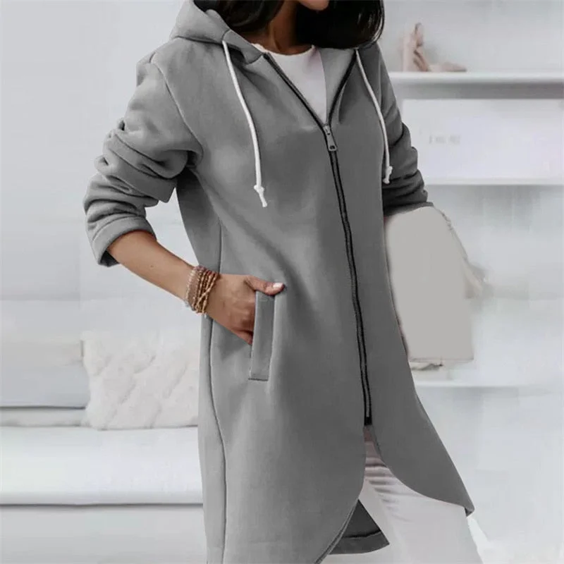 UForever21 Fleece Outerwear Autumn Hooded Long Coat Women Zipper Hoodies Long Sleeve Jackets Solid Color Simple All-Match Sweatshirt