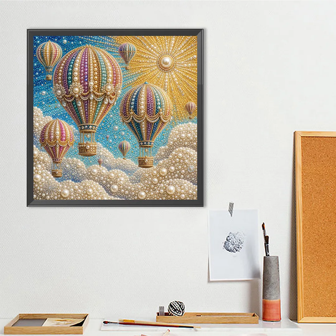 Hot Air Balloon Pearl Full DIY 5D Round Drill Gem Art Diamond Painting Kits 15.75x15.75 in Diamond Dots Paintings Picture Arts Craft Diamond Art Kits for Adults Beginner Home Wall Decor