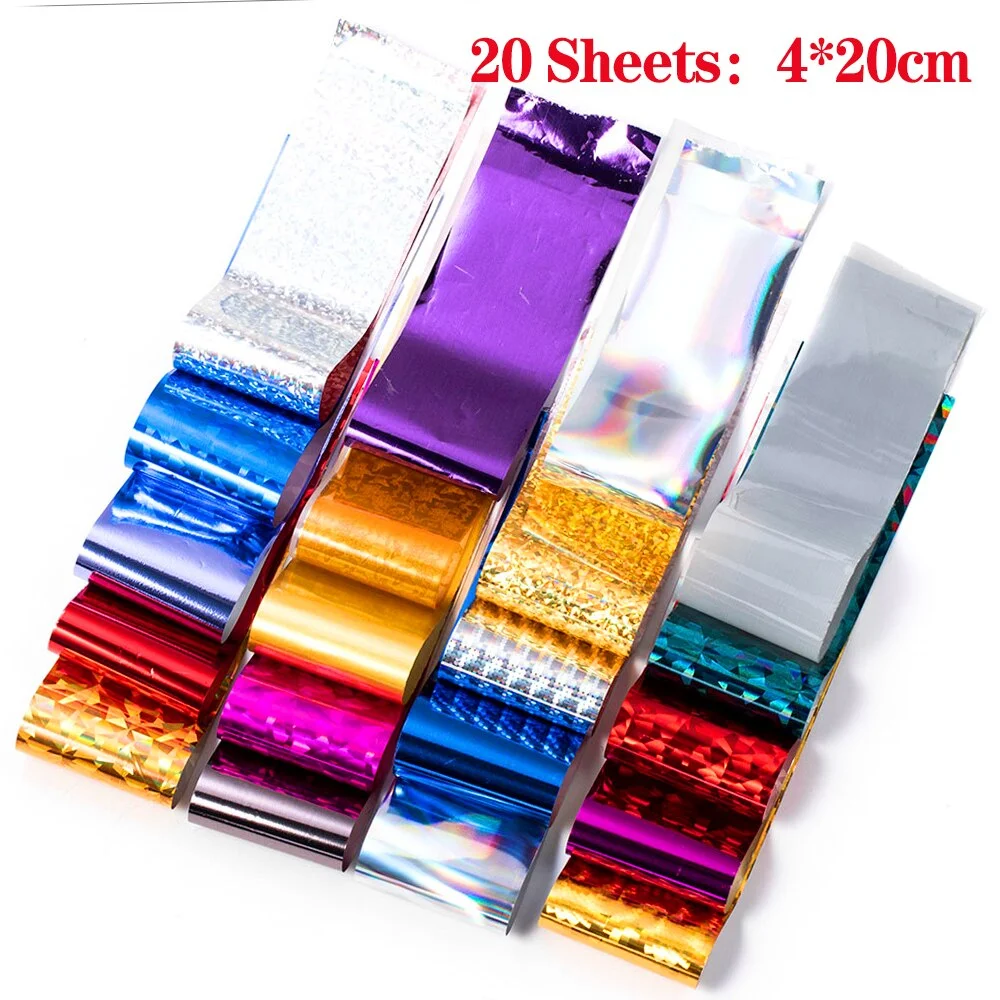 20 Pcs Holo Holographic Nail Foils for Manicure Transfer Sticker Decals DIY Glue Slider Nail Art Laser Starry Sky Paper Sets