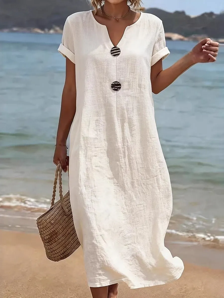 Women's Midi Dress Beach Dress Casual Dress Summer Dress Basic Classic Daily Vacation Loose Fit Plain Short Sleeve V Neck White Navy Blue Green Summer Spring 2026 - β¬33.99 βP1
