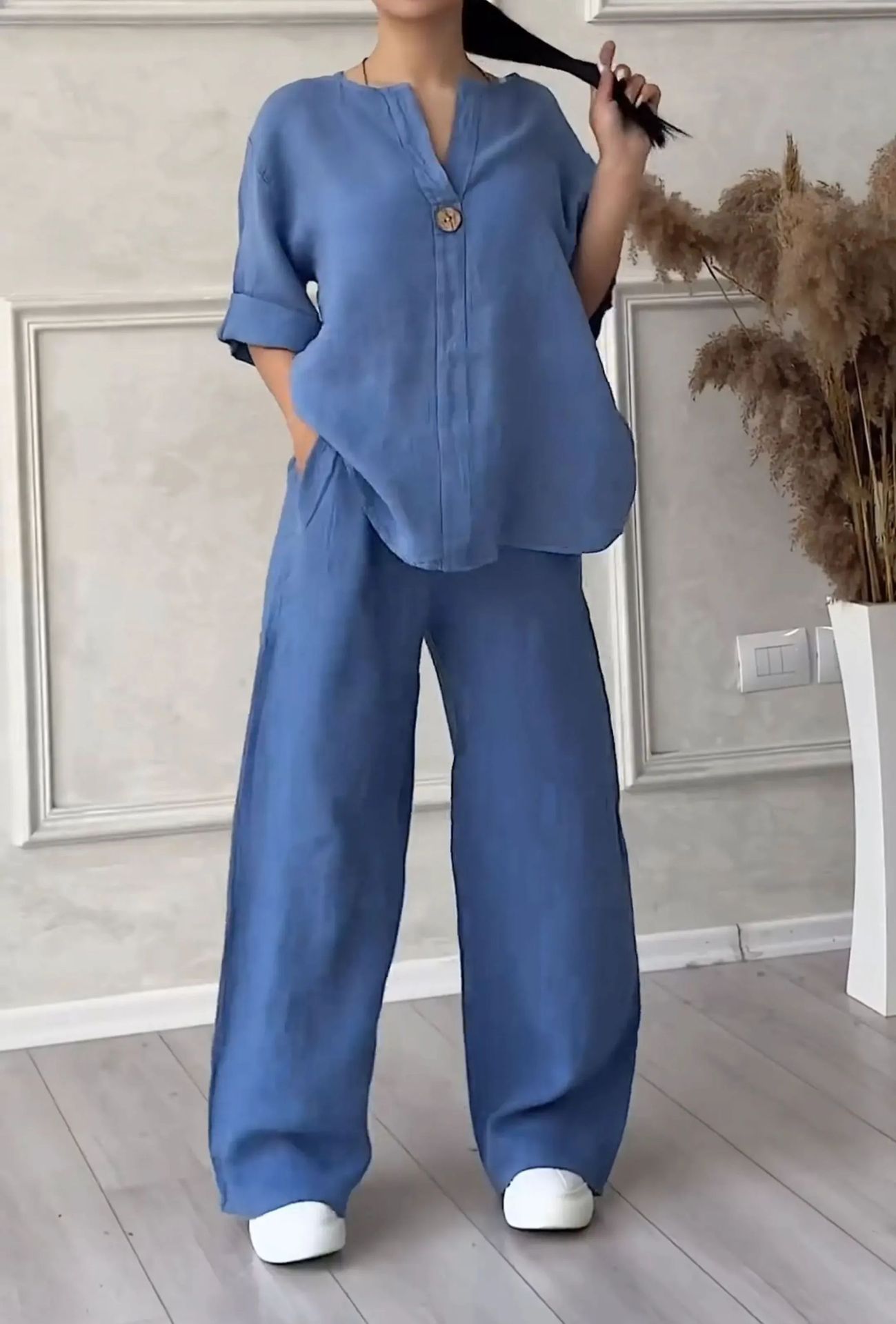 Pinsballz New Women's V-neck Button Up 9-quarter Sleeve Loose Top Plus Size Cotton And Linen Shirt Solid Color Set High Waist Loose Pants