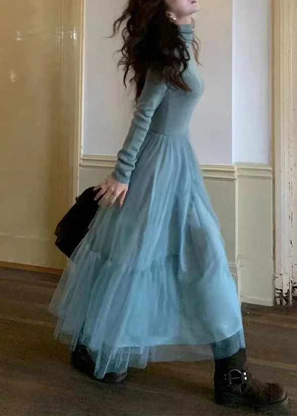 French Blue Ruffled Asymmetrical Tulle Patchwork Knit Dresses Spring