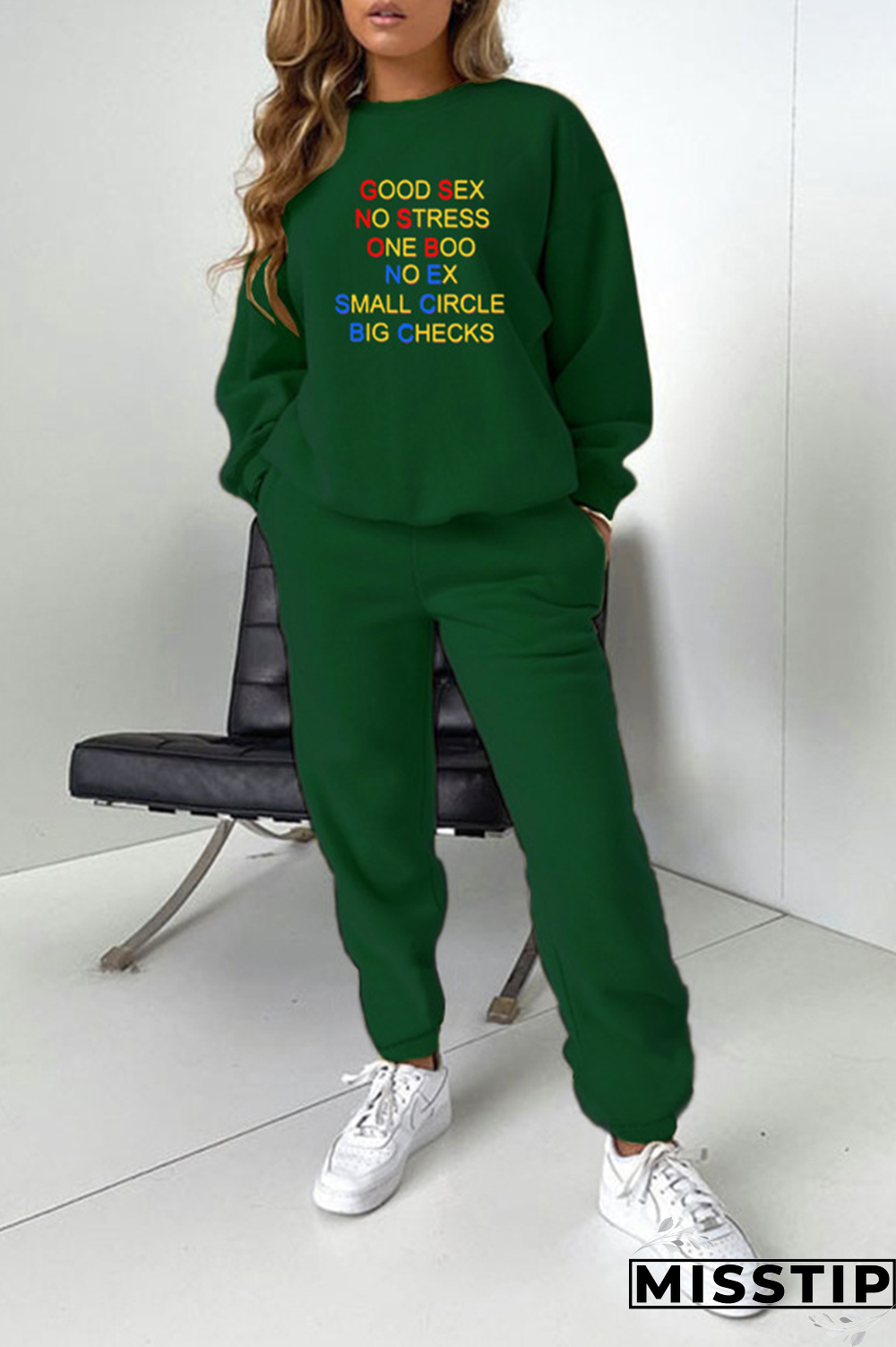 Dark Green Street Print Letter O Neck Long Sleeve Two Pieces