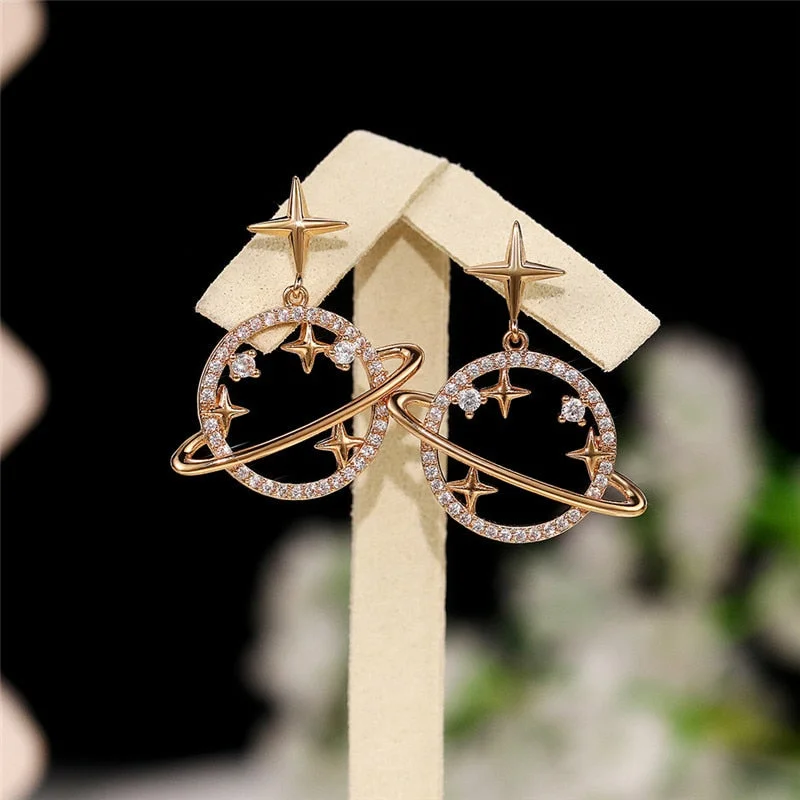 Huitan New Arrival Women Star Earrings with CZ Stone Partysu Style Gold Color Dangle Earrings Fancy Girls Gift Statement Jewelry