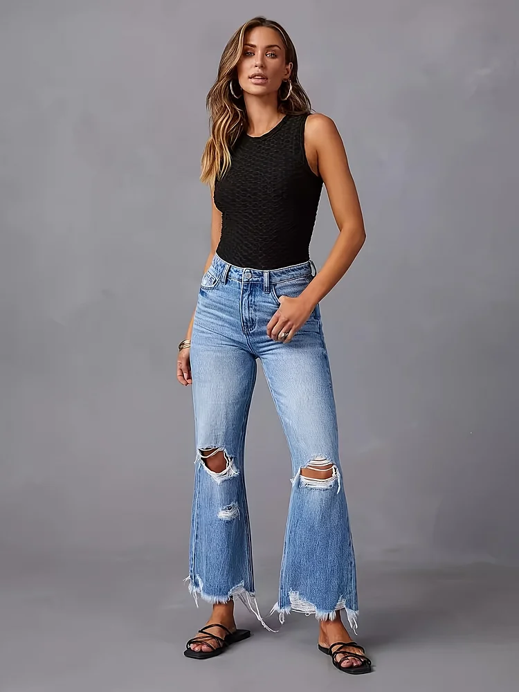 Women's High-Waisted Wide-Leg Distressed Denim Jeans - Mid-Length Straight-Leg Casual Pants With Faux Pockets, Button Closure & Machine Washable For All-Season Wear, High Waisted Jean