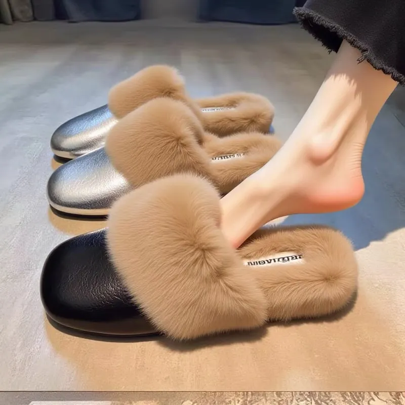 Breakj Breakj Wool Head Half Slippers Women Wear Plus Plus Velvet 2025 New Autumn And Winter Square Head Muller Plush Warm Cotton Drag