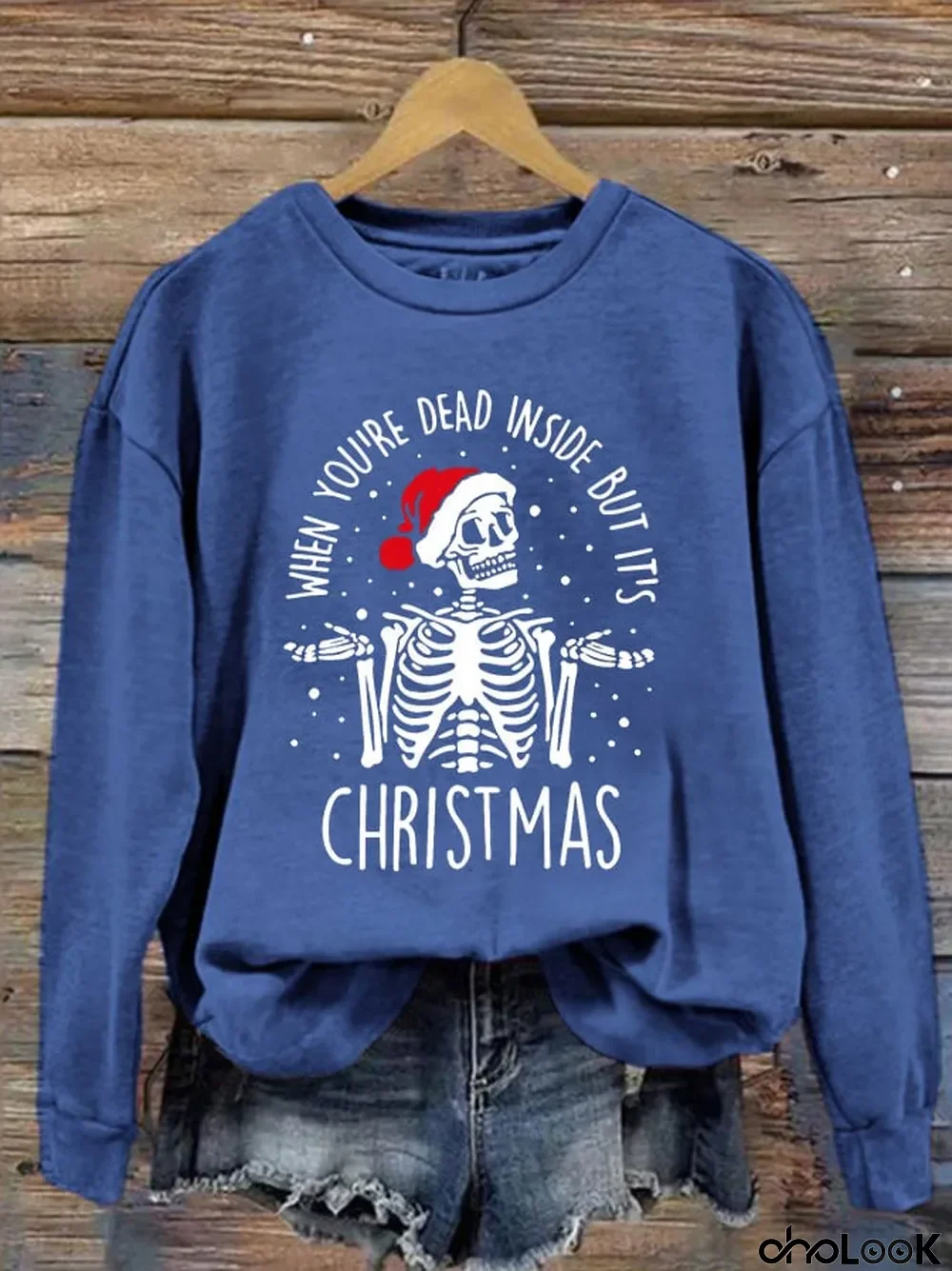 Women's When You're Dead Inside But It's Christmas Sarcastic Santa Skeleton Print Sweatshirt