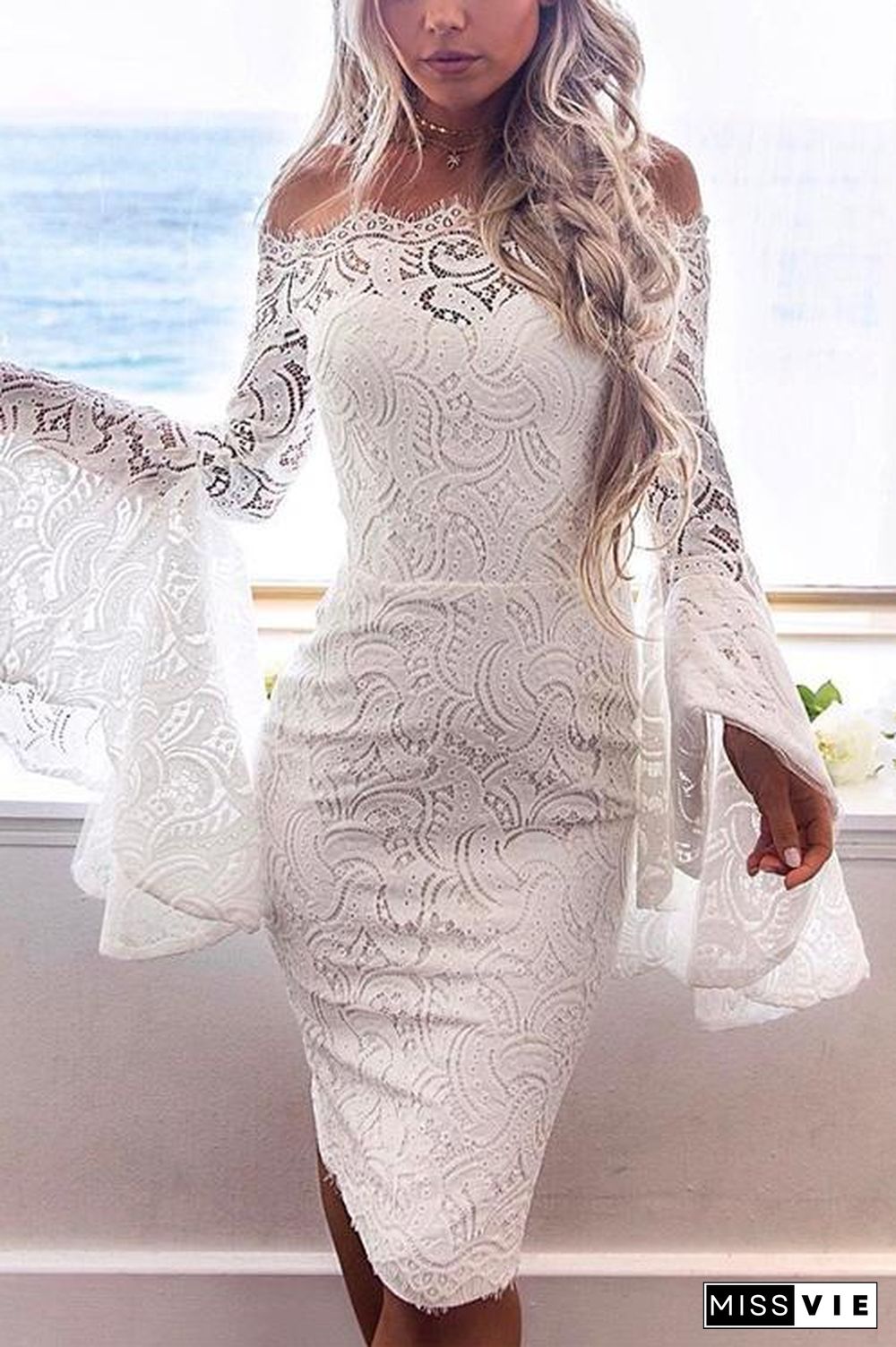 Off Shoulder Bell Sleeves Lace Bodycon Dress