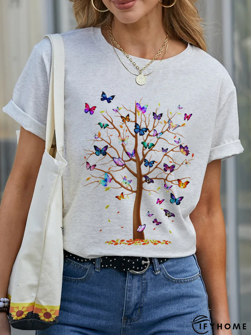 Casual Crew Neck Butterfly Printed Short Sleeve T-Shirt shirt & Top | IFYHOME