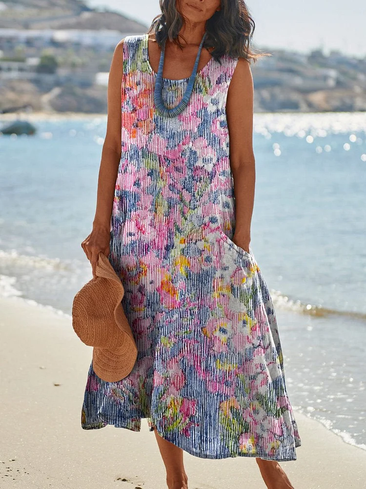 Women's Elegant Flowers Art Print Casual Pocket Pinafore Linen Dress